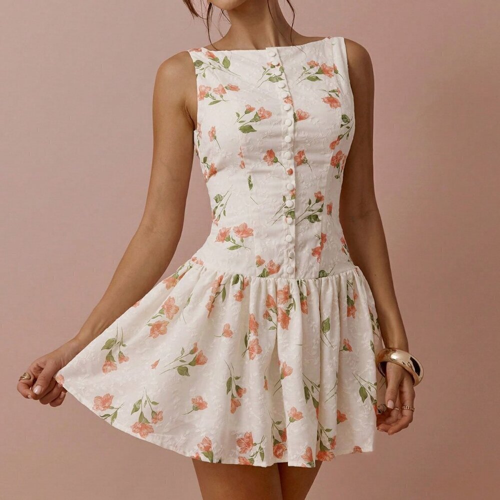 Women's Romantic Elegant Flower Print & Embroidery Mini dress - Picture 3 of 7